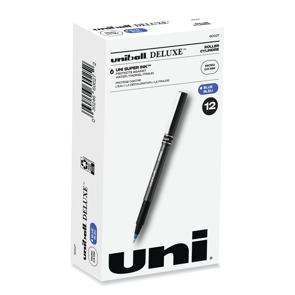 Uni-Ball Deluxe Stick Roller Ball Pen, Micro 0.5mm, Blue Ink, Gray Barrel, PK12 60027
